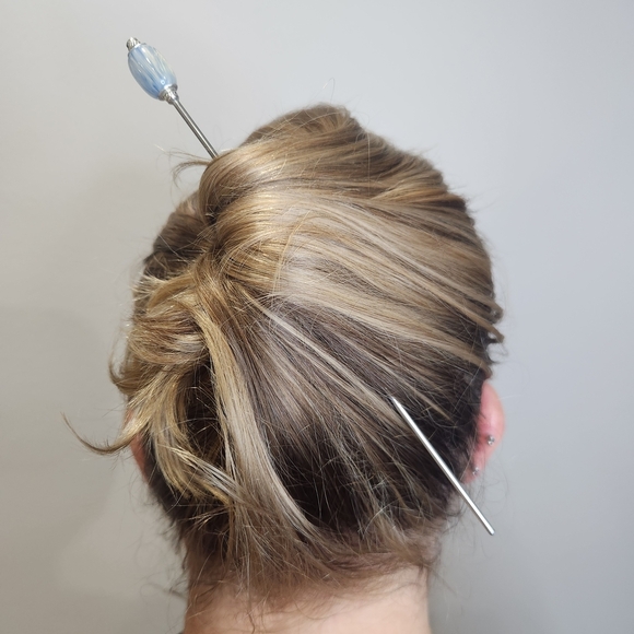 Skydrift Stainless Steel Hair Stick Shimmering Oval Resin Custom Length Updo Pin - Picture 5 of 6